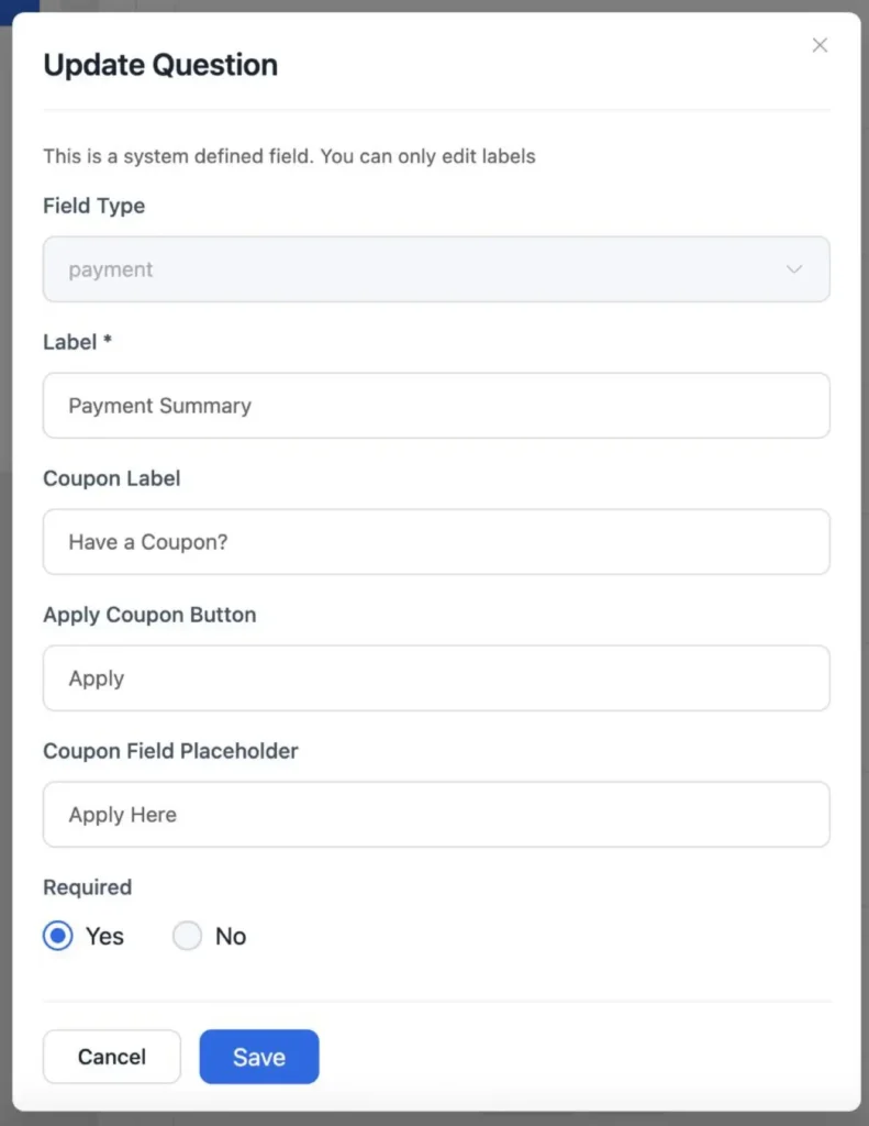 coupon field in question setting